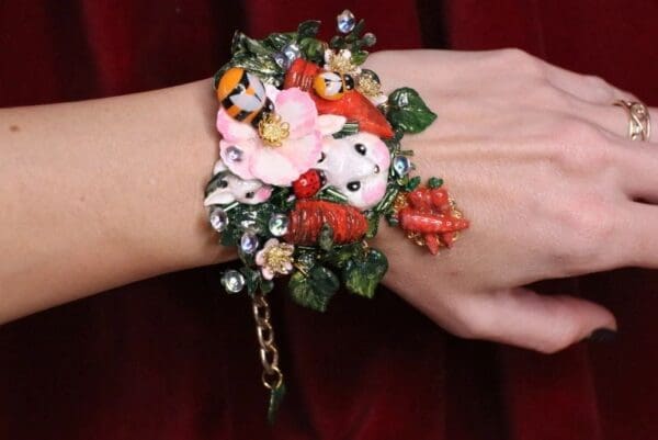 SOLD! 6718 Baroque Oak Vivid Enamel Bunny Carrots Hand Painted Adjustable Bracelet - Image 2