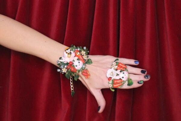 SOLD! 6718 Baroque Oak Vivid Enamel Bunny Carrots Hand Painted Adjustable Bracelet - Image 4