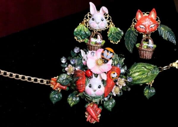 SOLD! 6718 Baroque Oak Vivid Enamel Bunny Carrots Hand Painted Adjustable Bracelet - Image 7