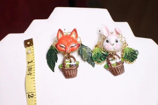 SOLD! 6719 Adorable Enamel Fox Bunny Rabbit Carrot Cabbage Hand Painted Irregular Earrings - Image 7
