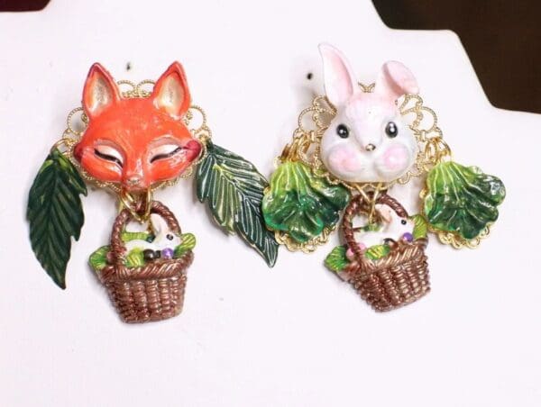 SOLD! 6719 Adorable Enamel Fox Bunny Rabbit Carrot Cabbage Hand Painted Irregular Earrings