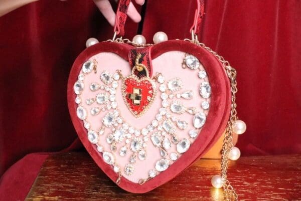 SOLD! 6376 Heart Shape Baroque Velvet Rhinestones Purse - Image 4