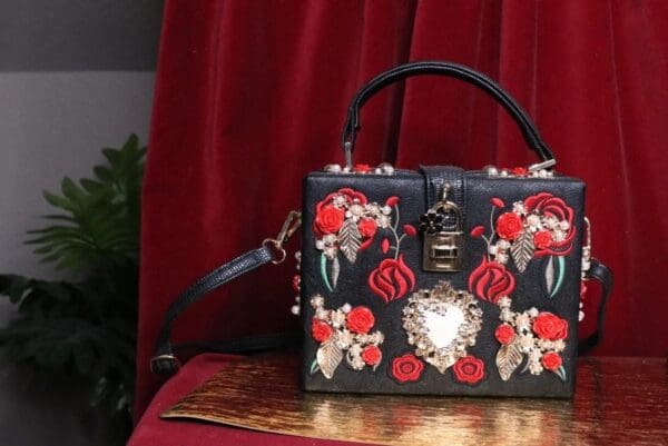 SOLD! 6316 Baroque Roses Embroidery Embellished Trunk Crossbody - Image 2