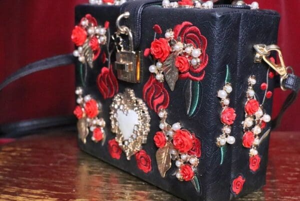 SOLD! 6316 Baroque Roses Embroidery Embellished Trunk Crossbody - Image 4