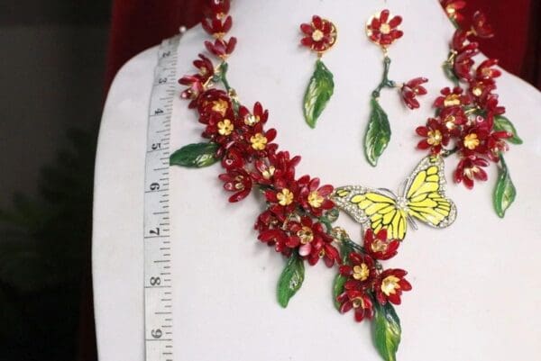 SOLD! 6738 Set Of Dangle Dark Red Flowers Enamel Butterfly Necklace+ Earrings - Image 2
