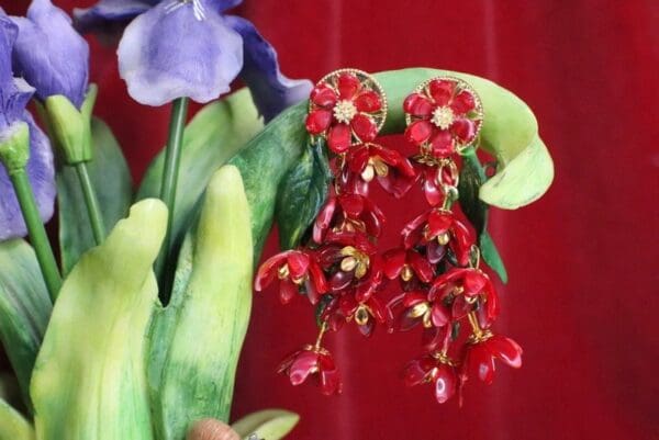 SOLD! 6739 Baroque Dangle Dark Red Flower Massive Studs Earrings - Image 3
