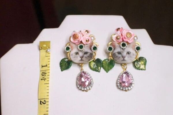 SOLD! 6741 Adorable Cat Roses Pink Rhinestone Studs Earrings - Image 6