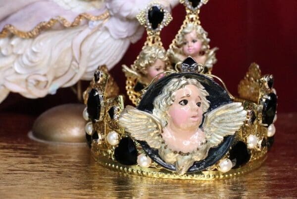 SOLD! 6748 Baroque Cherub Wings Black Rhinestones Crown Headband