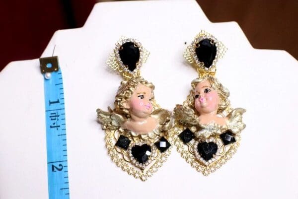 SOLD! 6748 Baroque Vivid Cherubs Angels Black Rhinestone Studs Earrings - Image 7