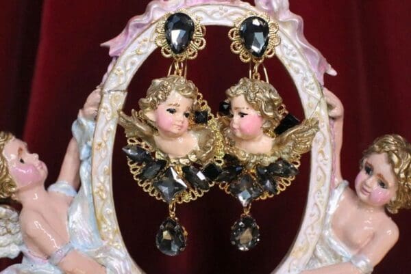 SOLD! 6749 Baroque Vivid Cherubs Angels Black Rhinestone Studs Earrings - Image 2