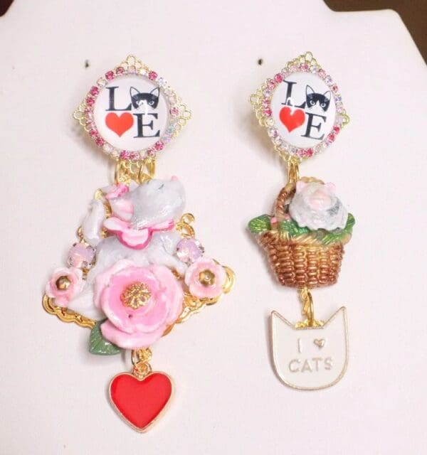 SOLD! 6760 Baroque I Love Cats Adorable Irregular Studs Earrings - Image 4