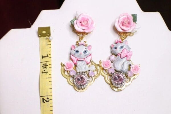 SOLD! 6761 Baroque I Love Cats Adorable Roses Irregular Studs Earrings - Image 5