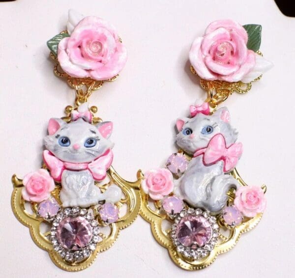 SOLD! 6761 Baroque I Love Cats Adorable Roses Irregular Studs Earrings - Image 6