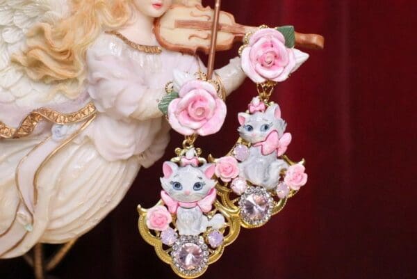 SOLD! 6761 Baroque I Love Cats Adorable Roses Irregular Studs Earrings - Image 7