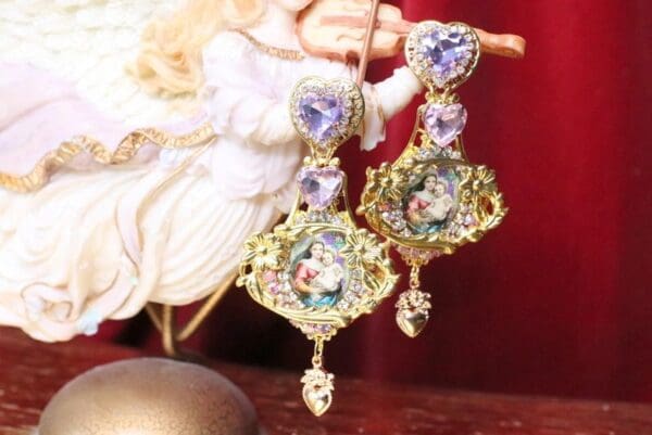 SOLD! 6762 Madonna And A Child Lavender Heart Studs Earrings - Image 3