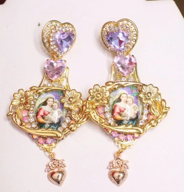 SOLD! 6762 Madonna And A Child Lavender Heart Studs Earrings - Image 2