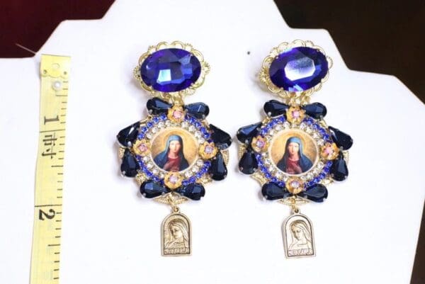 SOLD! 6763 Virgin Mary Dark Blue Rhinestones Stunning Studs Earrings - Image 5