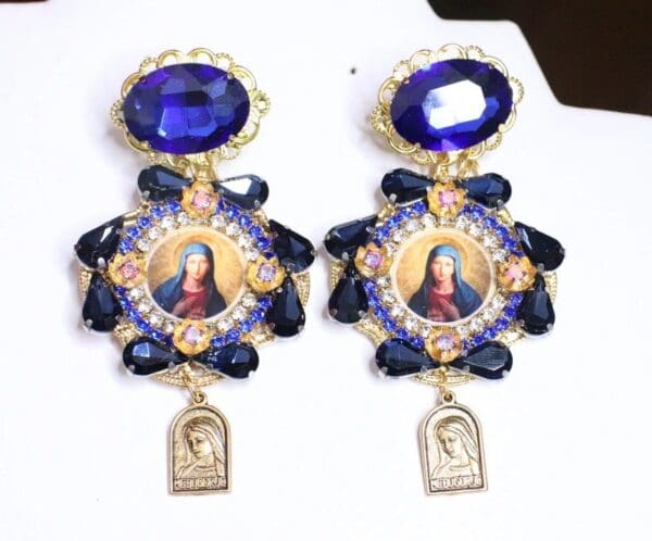 SOLD! 6763 Virgin Mary Dark Blue Rhinestones Stunning Studs Earrings - Image 2