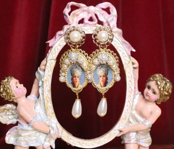 SOLD! 6764 Russian Revival Russian Beauty Kokoshnik Pearl Cameo Earrings - Image 2