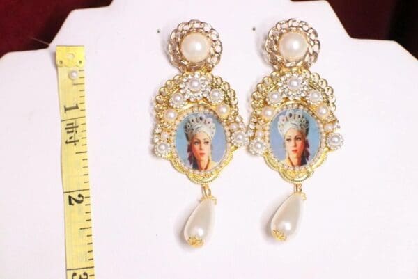 SOLD! 6764 Russian Revival Russian Beauty Kokoshnik Pearl Cameo Earrings - Image 5