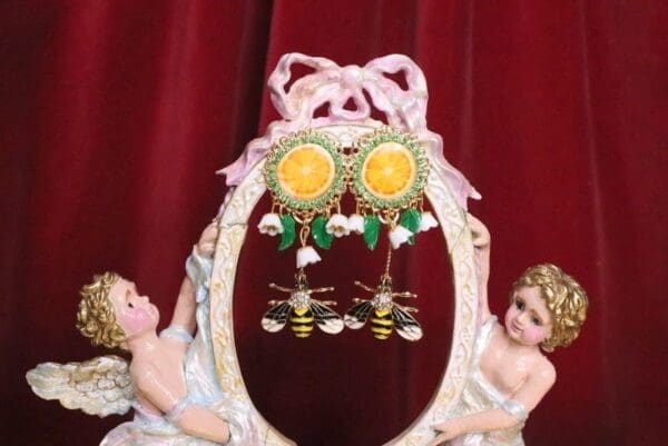 SOLD! 6766 Baroque Sicilian Orange Fruit Enamel Bee Earrings - Image 3