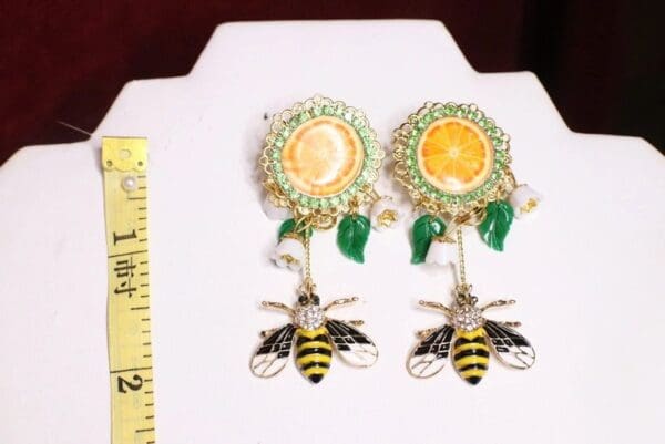 SOLD! 6766 Baroque Sicilian Orange Fruit Enamel Bee Earrings - Image 6