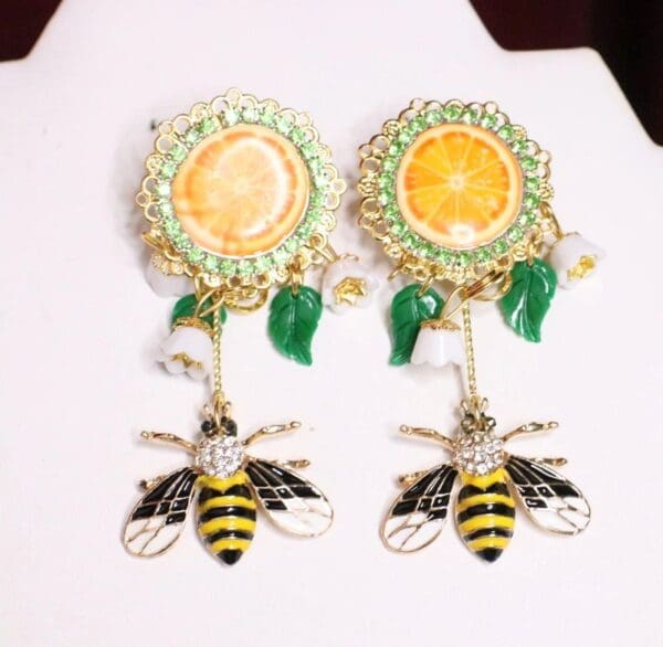 SOLD! 6766 Baroque Sicilian Orange Fruit Enamel Bee Earrings - Image 2