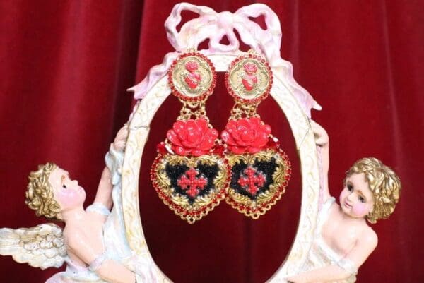 SOLD! 6767 Baroque Runway 2020 Sacred Heart Red Rose Massive Earrings - Image 5