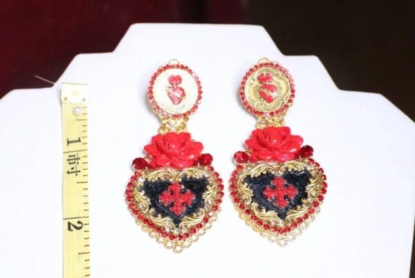 SOLD! 6767 Baroque Runway 2020 Sacred Heart Red Rose Massive Earrings - Image 6