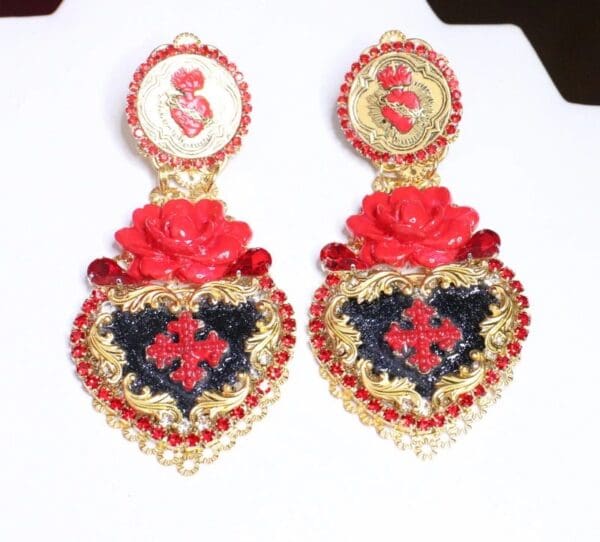 SOLD! 6767 Baroque Runway 2020 Sacred Heart Red Rose Massive Earrings - Image 2