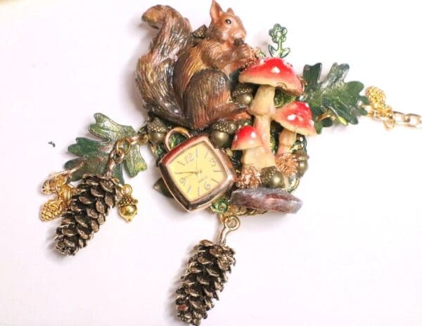 SOLD! 6771 Baroque Oak Clock Squirrel Mushroom Hand Painted Adjustable Bracelet - Image 3