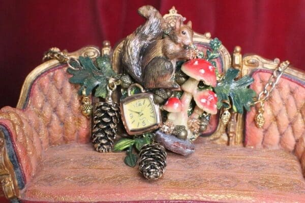 SOLD! 6771 Baroque Oak Clock Squirrel Mushroom Hand Painted Adjustable Bracelet - Image 4