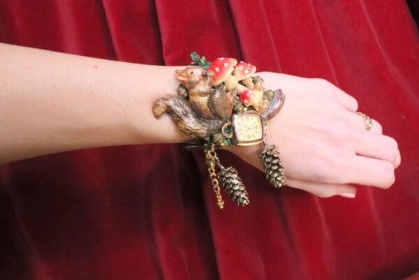 SOLD! 6771 Baroque Oak Clock Squirrel Mushroom Hand Painted Adjustable Bracelet - Image 7