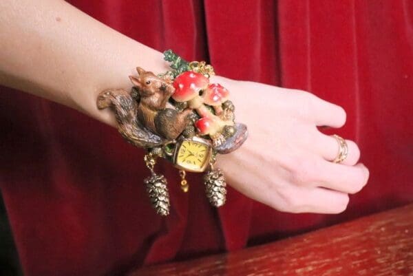 SOLD! 6771 Baroque Oak Clock Squirrel Mushroom Hand Painted Adjustable Bracelet - Image 8