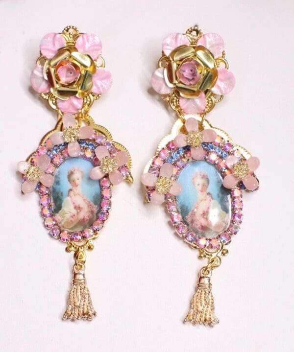 SOLD! 6774 Young Marie Antoinette Pink Flower Elegant Earrings - Image 3