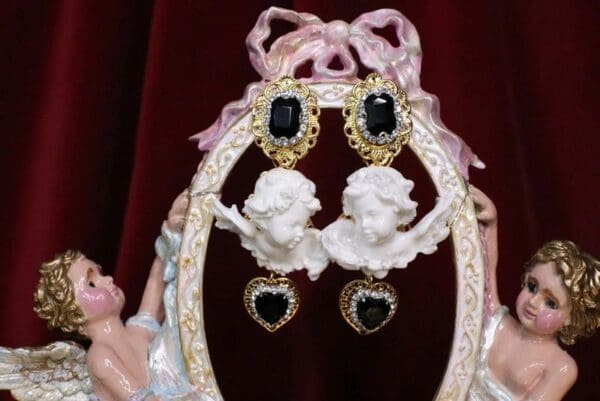 SOLD! 6775 Baroque White Chubby Cherubs Angels Black Crystal Earrings - Image 3