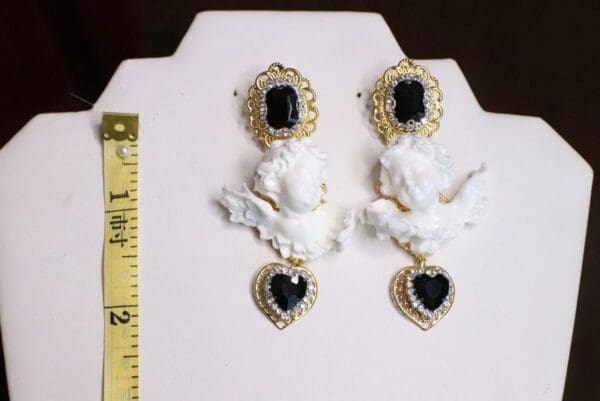 SOLD! 6775 Baroque White Chubby Cherubs Angels Black Crystal Earrings - Image 4