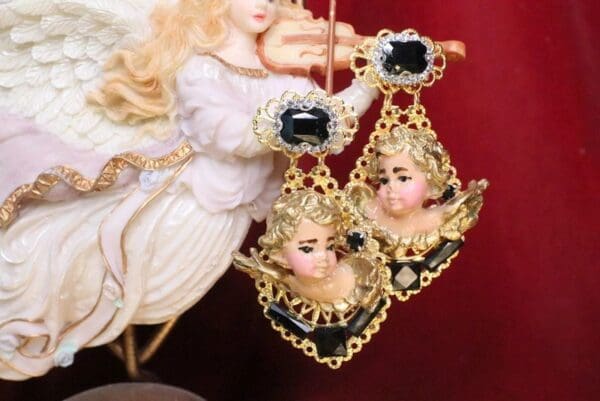 SOLD! 6788 Baroque Vivid Cherubs Angels Black Rhinestone Studs Earrings - Image 3