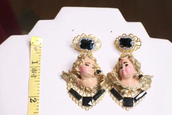 SOLD! 6788 Baroque Vivid Cherubs Angels Black Rhinestone Studs Earrings - Image 4