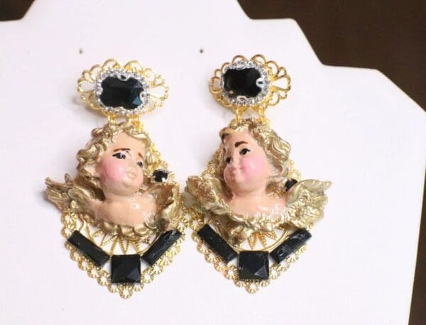 SOLD! 6788 Baroque Vivid Cherubs Angels Black Rhinestone Studs Earrings - Image 5