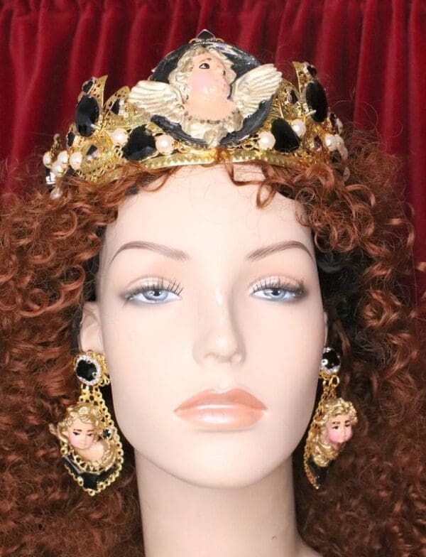 SOLD! 6788 Baroque Vivid Cherubs Angels Black Rhinestone Studs Earrings - Image 7