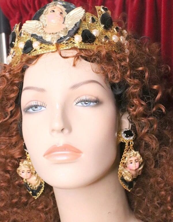 SOLD! 6788 Baroque Vivid Cherubs Angels Black Rhinestone Studs Earrings - Image 8