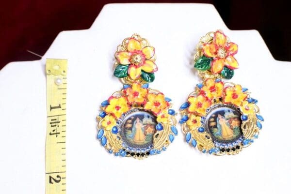 SOLD! 6790 Russian Jewelry Box Pattern Orange Flowers Studs Earrings - Image 4