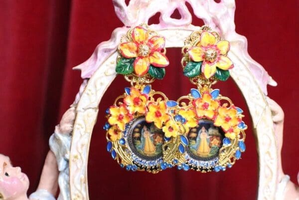 SOLD! 6790 Russian Jewelry Box Pattern Orange Flowers Studs Earrings - Image 5