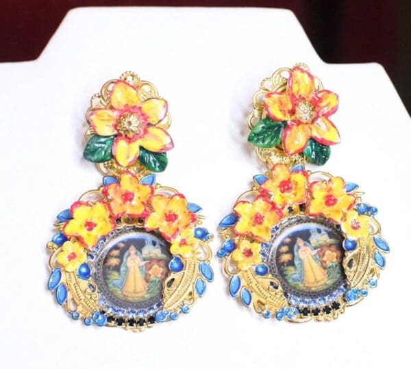 SOLD! 6790 Russian Jewelry Box Pattern Orange Flowers Studs Earrings - Image 2