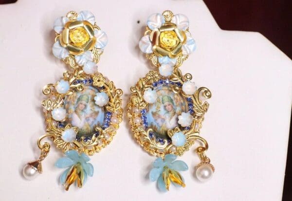 SOLD! 6791 Russian Jewelry Box Blue Gold Flowers Studs Earrings - Image 3