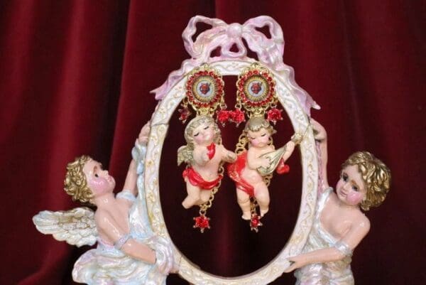 SOLD! 6792 Baroque Sacred Heart Musical Cherubs Red Ribbon Studs Earrings - Image 2