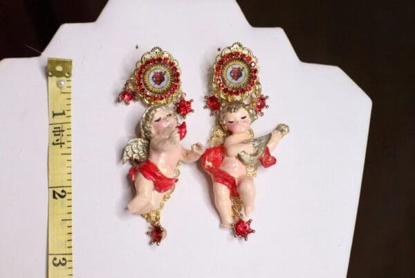 SOLD! 6792 Baroque Sacred Heart Musical Cherubs Red Ribbon Studs Earrings - Image 3