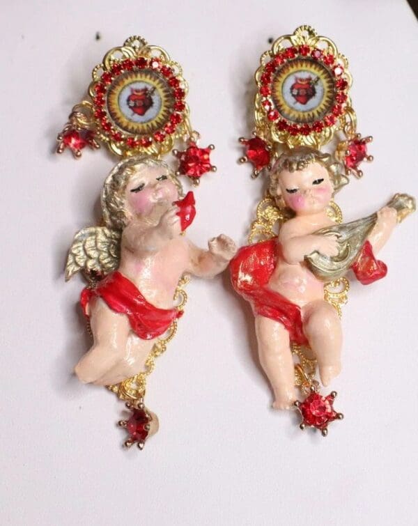 SOLD! 6792 Baroque Sacred Heart Musical Cherubs Red Ribbon Studs Earrings - Image 4