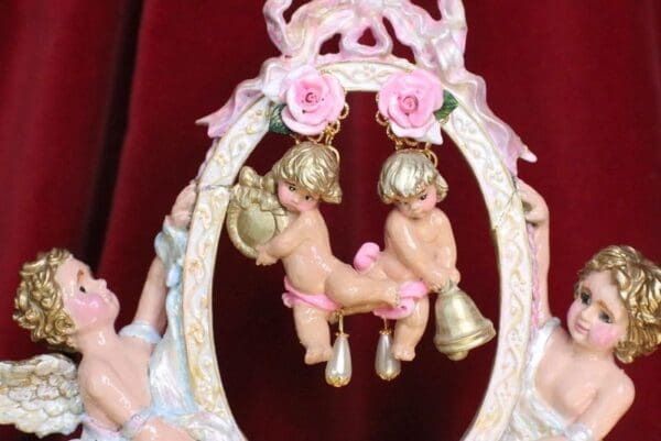 SOLD! 6793 Baroque Pale Pink Roses Musical Cherubs Red Ribbon Studs Earrings - Image 2